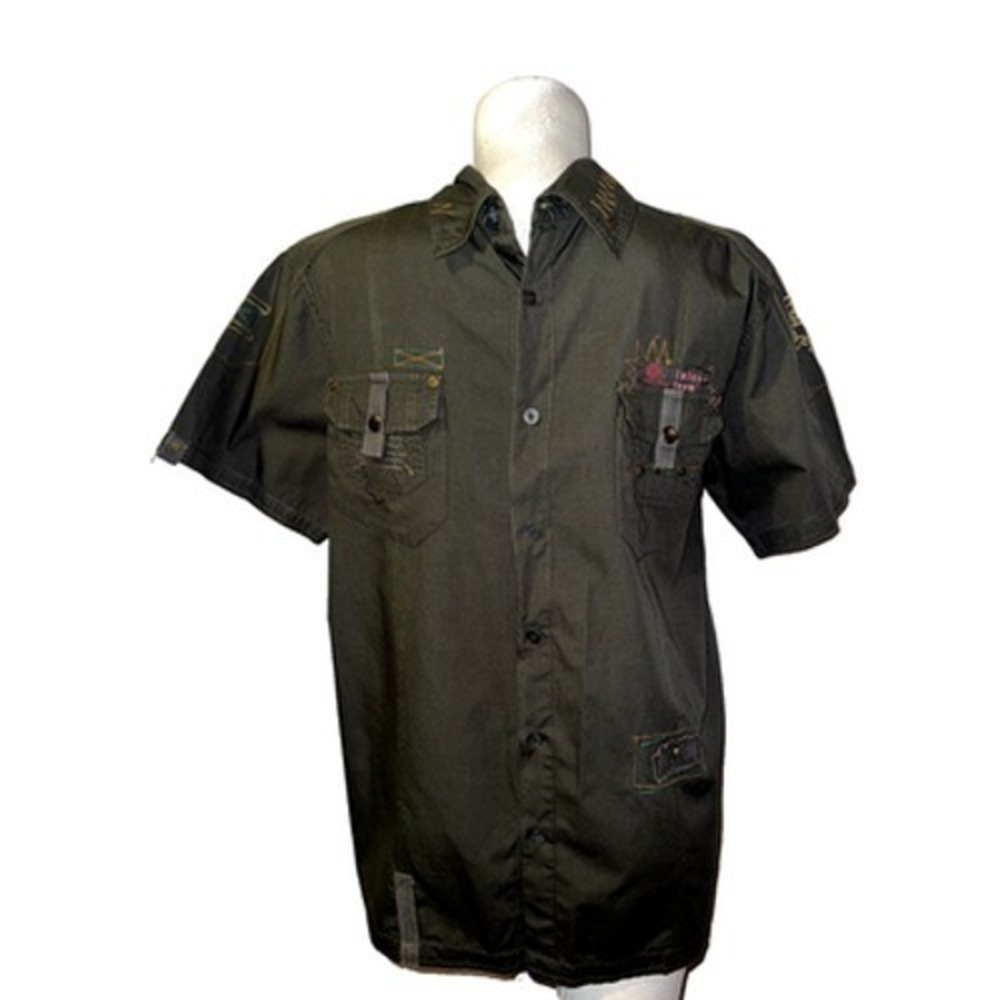 Twice Top Mens Short Sleeve Utility Button Down Shirt Olive Green Embroidered L